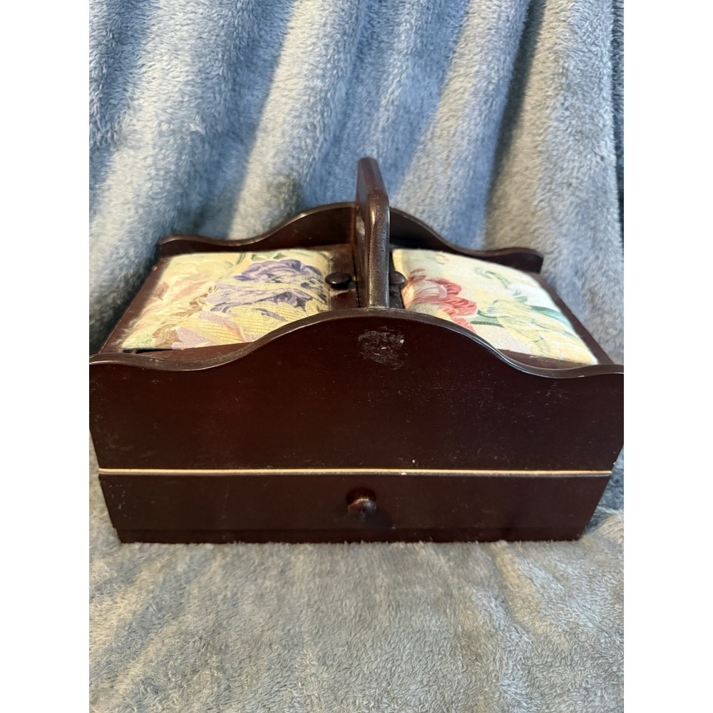 vintage-style wooden sewing caddy or sewing box